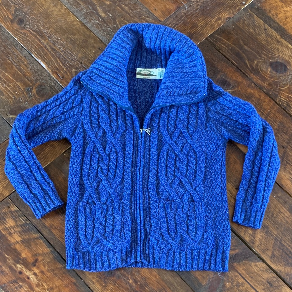 Aran Crafts Wonans Merino Wool Cable-Knit Zip Sweater Jacket - Blue